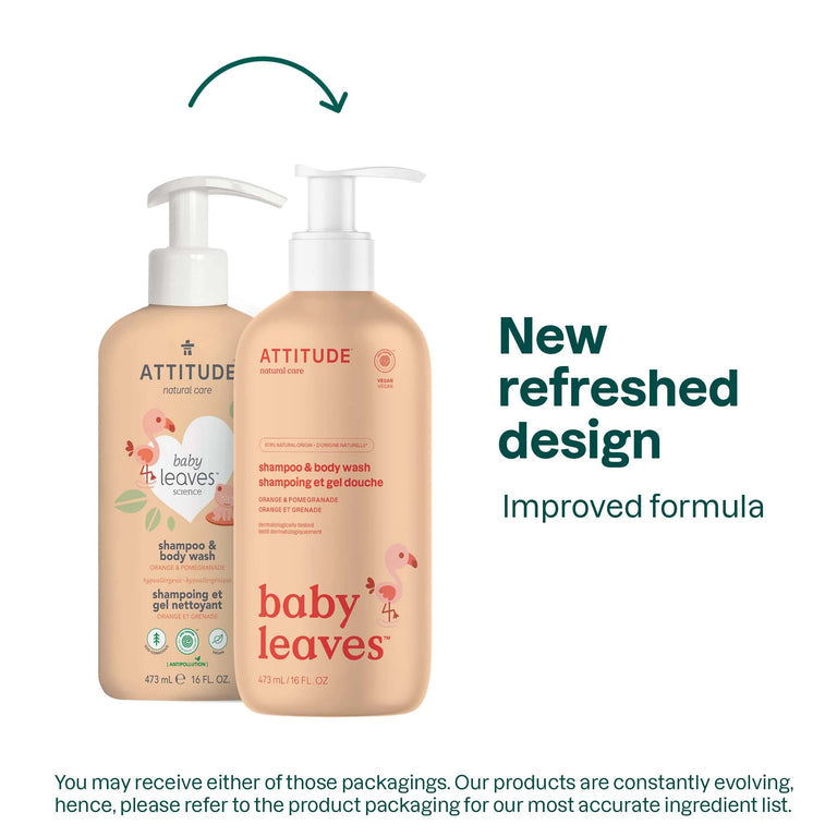 Shampoo & gel de baño natural Baby Leaves Orange Pomegranate 473ml - SHAMPOO 2 en 1 BABY LEAVES ATTITUDE ORANGE POMEGRADE