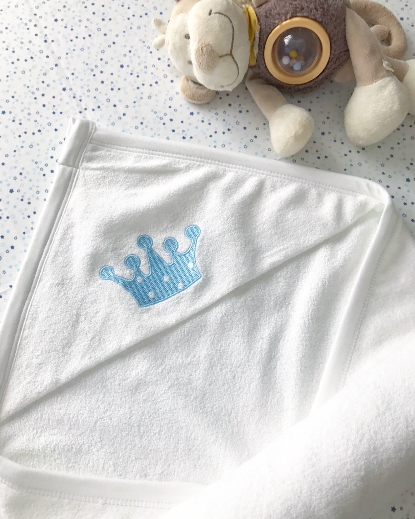 Toalla Bebé Corona Celeste c/ Puntos Blancos
