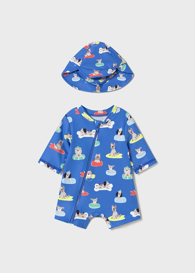 Conjunto Ropa de Baño con Gorro Azul Perritos