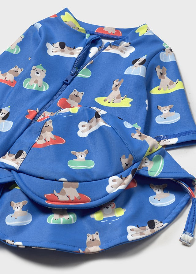 Conjunto Ropa de Baño con Gorro Azul Perritos
