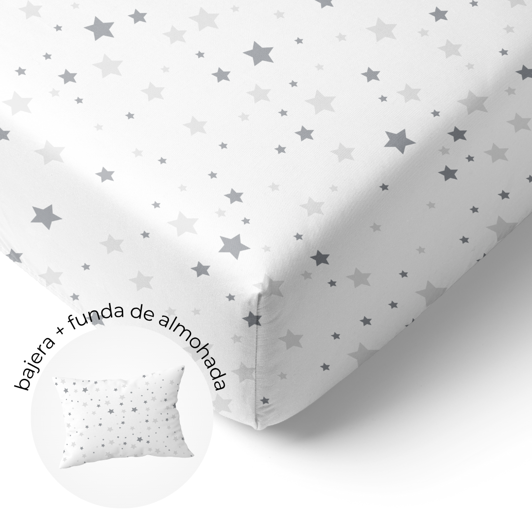 Sábana Bajera Cuna + Funda de Almohada Estrella Gris/Gris