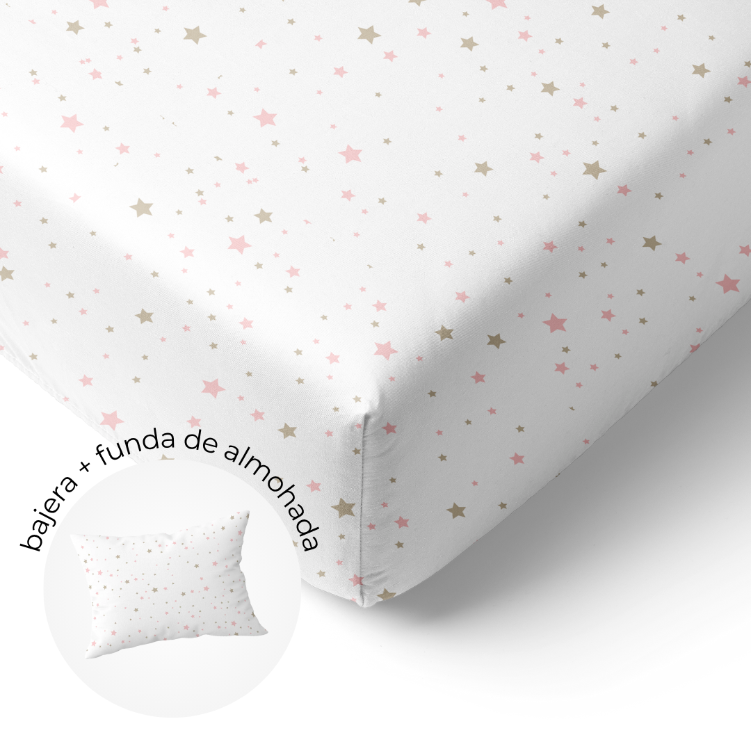 Sábana Bajera Cuna + Funda de Almohada Estrella Rosa/Beige