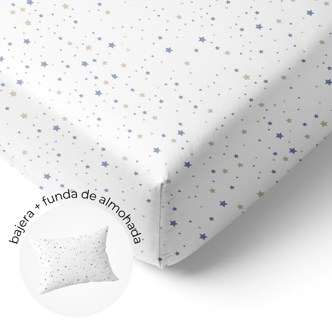 Sábana Bajera Cuna + Funda de Almohada Estrella Celeste/Beige