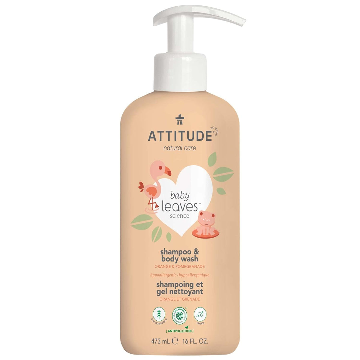 Shampoo & gel de baño natural Baby Leaves Orange Pomegranate 473ml - SHAMPOO 2X1 BABY LEAVES ATTITUDE ORANGE POMEGRADE
