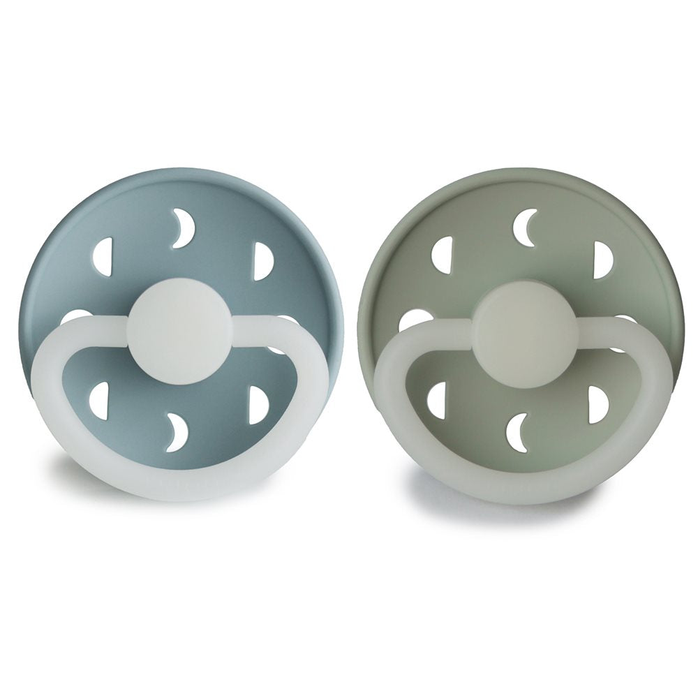 FRIGG Moon Phase - Round Silicone 2-Pack Pacifiers - Stone Blue Night/Sage Night - Size 1