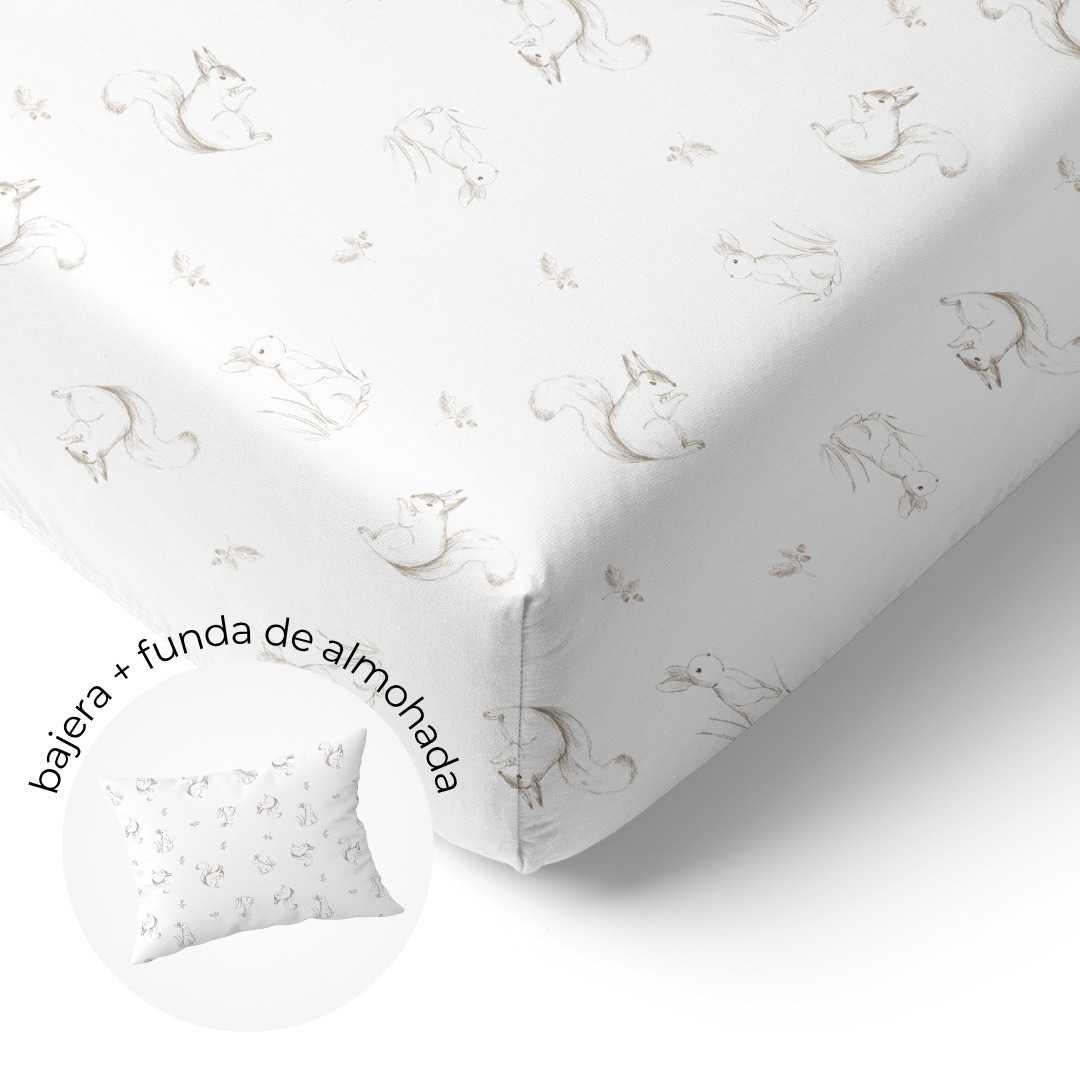 Sábana Bajera Cuna + Funda de Almohada Ardilla y Conejito